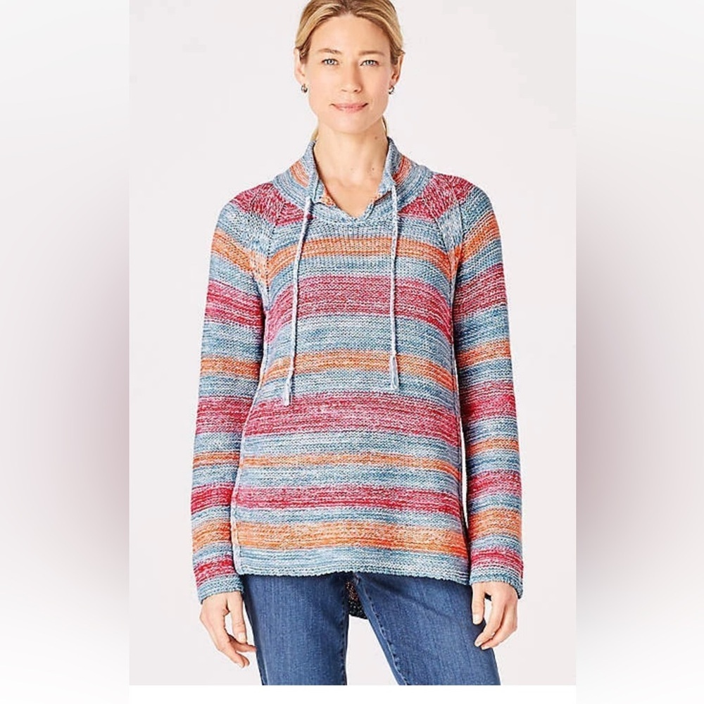 J. Jill Striped Tunic Sweater Linen Cotton Knit Beachy Casual Blue Size Large - Picture 2 of 15